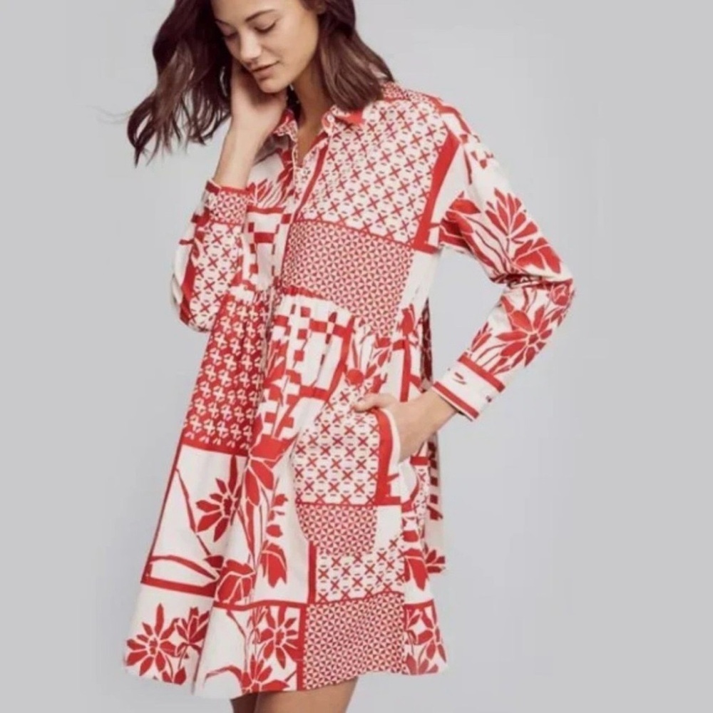 Maeve Anthropologie Printmaker Poplin Mini Shirt Dress Size XS Red Ivory